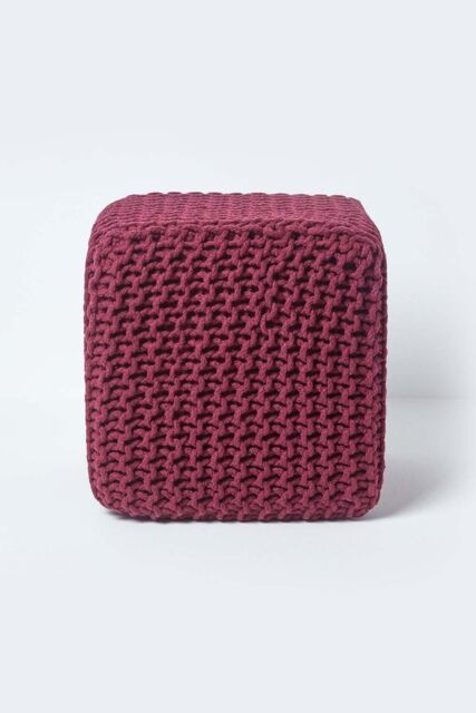 Homescapes Cube Cotton Knitted Pouffe Footstool in Plum - image 1