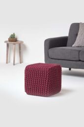 Homescapes Cube Cotton Knitted Pouffe Footstool in Plum - thumbnail 2