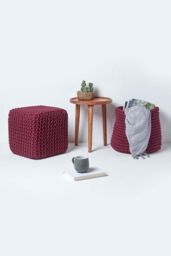 Homescapes Cube Cotton Knitted Pouffe Footstool in Plum - thumbnail 6