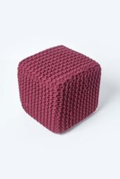 Homescapes Cube Cotton Knitted Pouffe Footstool in Plum - thumbnail 3