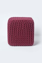 Homescapes Cube Cotton Knitted Pouffe Footstool in Plum - thumbnail 1