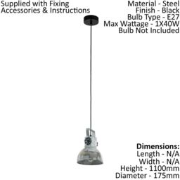 Loops Hanging Ceiling Pendant Light Black & Raw Steel 1x 40W E27 Industrial Feature - thumbnail 2