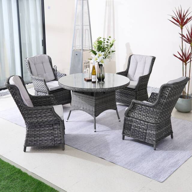 Direct Wicker 5‑Piece Outdoor Rattan Dining Set, Garden Aluminum Round Table in Grey - Size: 4 Person - image 1