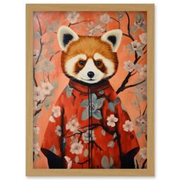 Artery8 Wall Art Print Red Panda in Kimono Cherry Blossom Trees Japan Artwork Framed A4 in Light Oak - thumbnail 1