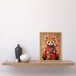 Artery8 Wall Art Print Red Panda in Kimono Cherry Blossom Trees Japan Artwork Framed A4 in Light Oak - thumbnail 2