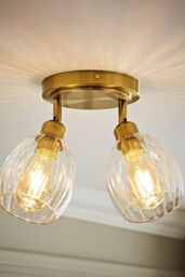 ValueLights Cheltenham 2 Way Ribbed Glass Adjustable Spotlight Flush Ceiling Light in Gold