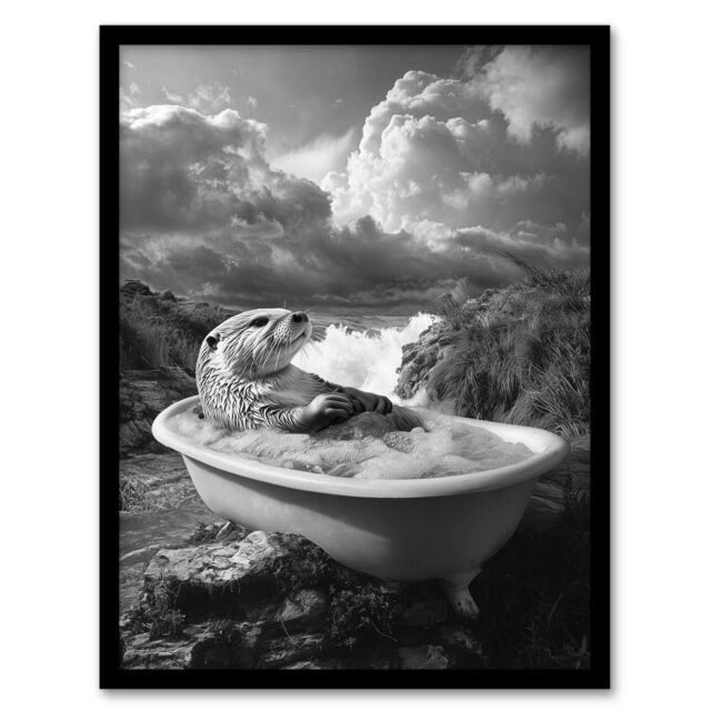 Artery8 Otter Bath Riverbank Bathtub Bubble Bath Surreal Framed Art Print in Grey - Size: A4 - image 1