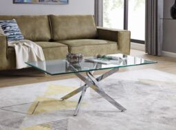 FurnitureboxUK Leonardo Rectangular Glass Coffee Table with Metal Angled Starburst Legs for Modern Living Rooms in Silver