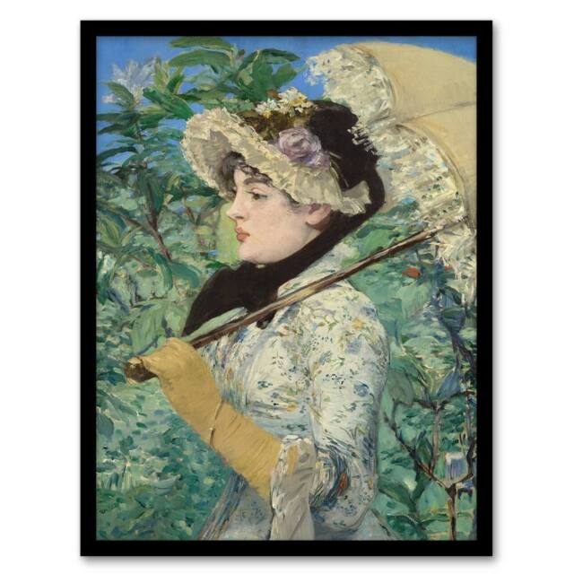 Artery8 Jeanne Spring Parasol Portrait Manet Vintage Framed Wall Art Print in Green - Size: A4 - image 1