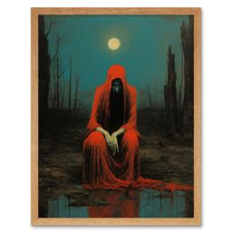 "Artery8 Wall Art Print Charon in Red Cloak Beksinski Inspired Conceptual Artwork Full Moon Barren Landscape Art Framed - Size: W12"" x H16""" - thumbnail 1