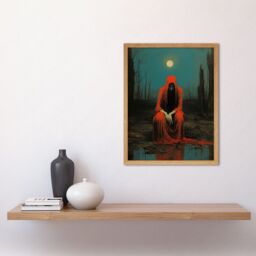 "Artery8 Wall Art Print Charon in Red Cloak Beksinski Inspired Conceptual Artwork Full Moon Barren Landscape Art Framed - Size: W12"" x H16""" - thumbnail 2