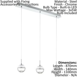 Loops Pendant Light Colour Chrome Shade White Clear Glass Crystal Bulb LED 3x5W - thumbnail 2
