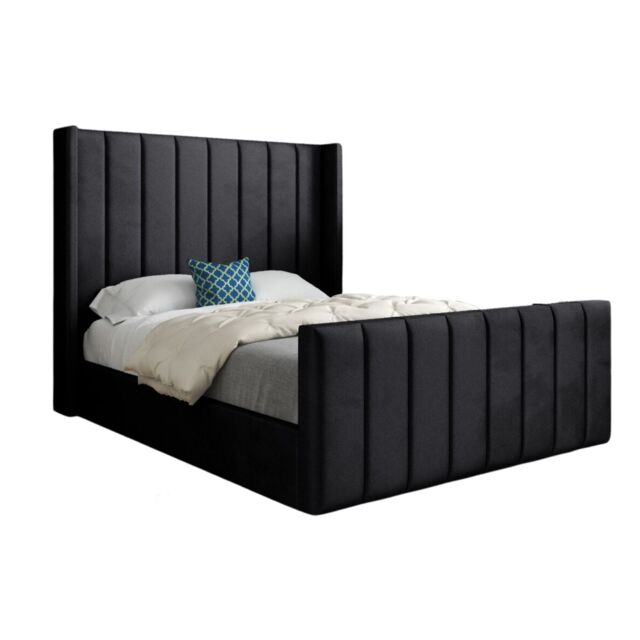 KDMD Maryland Straight Winged Upholstered Soft Velvet Designer Bed Frame in Black - Size: Small Double - image 1