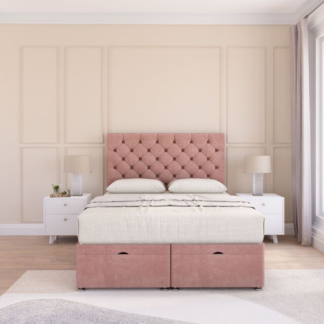 Sloomy Mayfair Plush Fabric Ottoman Bed End Opening With Sprung Memory Mattress & 26 Inch Headboard in Pink - Size: King - image 1