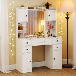 Costway Makeup Vanity Desk Dressing Table w/Charging Station& Mirror in White - thumbnail 3