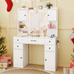 Costway Makeup Vanity Desk Dressing Table w/Charging Station& Mirror in White - thumbnail 4