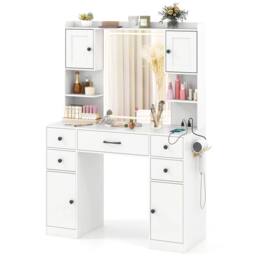 Costway Makeup Vanity Desk Dressing Table w/Charging Station& Mirror in White - thumbnail 1