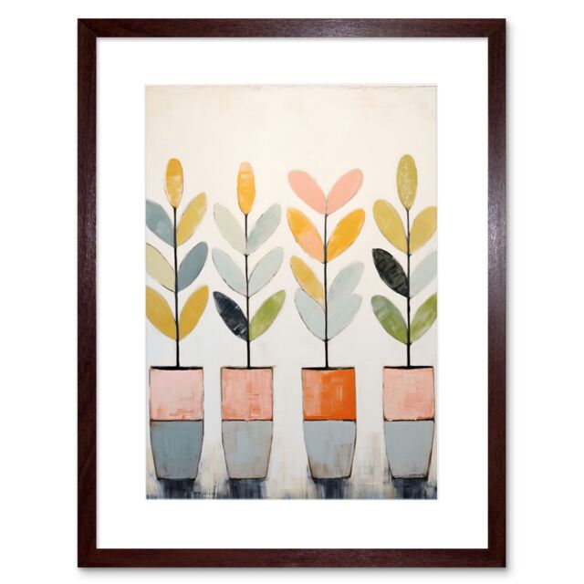 "Artery8 Wall Art Print Plant Pots Simple Pastel Colour Oil Painting Bright Pink Green Blue Boho Artwork Framed 9X7 Inch in Brown - Size: W7"" x H9""" - image 1
