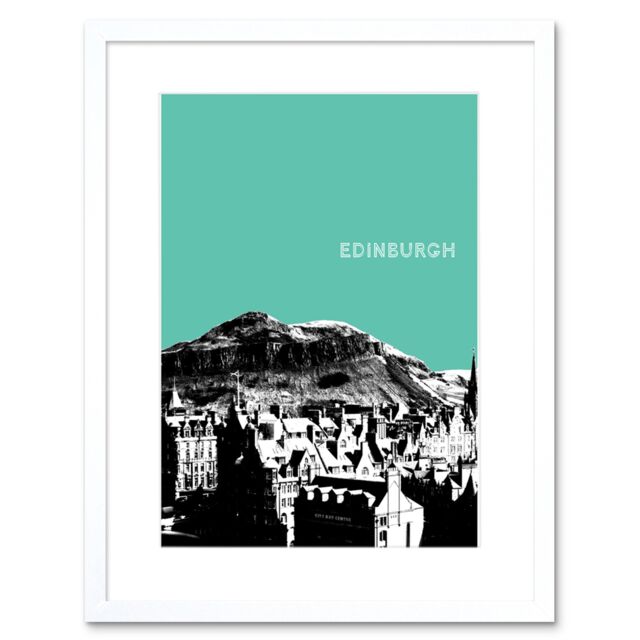 "Artery8 Wall Art Print Arthurs Seat Edinburgh Scotland Scottish Landmark Teal Framed Art in White - Size: W7"" x H9""" - image 1
