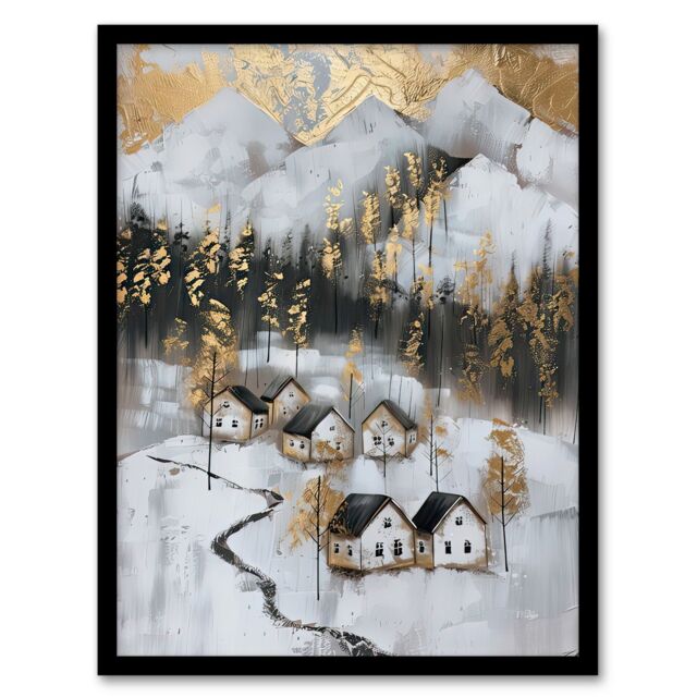 Artery8 Scottish Highlands Houses Golden Winter Painting Framed Art Print in White - Size: A4 - image 1