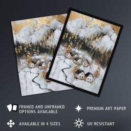 Artery8 Scottish Highlands Houses Golden Winter Painting Framed Art Print in White - Size: A4 - thumbnail 2