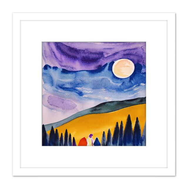 Artery8 Couple Looking at Full Moon at Countryside Landscape Abstract Illustration Square Wooden Framed Wall Art Print Picture 8X8 Inch in White - image 1