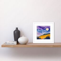 Artery8 Couple Looking at Full Moon at Countryside Landscape Abstract Illustration Square Wooden Framed Wall Art Print Picture 8X8 Inch in White - thumbnail 2