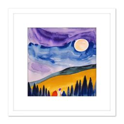 Artery8 Couple Looking at Full Moon at Countryside Landscape Abstract Illustration Square Wooden Framed Wall Art Print Picture 8X8 Inch in White - thumbnail 1