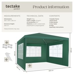 tectake Gazebo Barinas with 3 side panels, water-resistant, 3x3m in Green - Size: Large - thumbnail 6