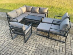 Fimous 12 Seater Aluminium Outdoor Garden Furniture Set Patio Lounge Sofa with Oblong Coffee Table Chair 2 Small Footstools Big Footstool in Dark Grey - thumbnail 1