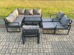 Fimous 12 Seater Aluminium Outdoor Garden Furniture Set Patio Lounge Sofa with Oblong Coffee Table Chair 2 Small Footstools Big Footstool in Dark Grey - thumbnail 2