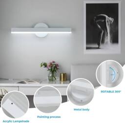 Goeco LED Indoor Wall Light, 12 W Acrylic Wall Light in 300° Rotating, 6500K in White - thumbnail 5