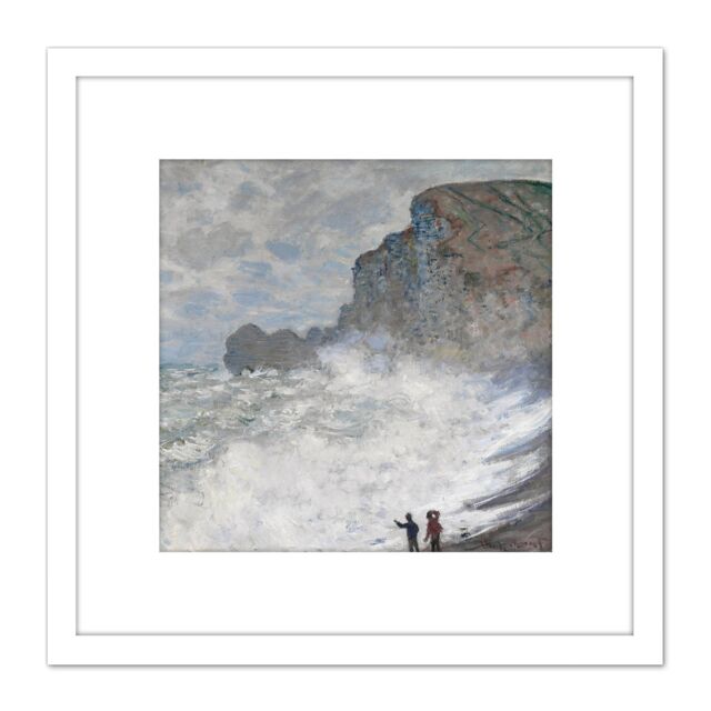 Artery8 Claude Monet Rough Weather At Etretat 8X8 Inch Square Wooden Framed Wall Art Print Picture with Mount in White - image 1