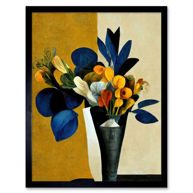 "Artery8 Wall Art Print Blue Mustard Ochre Orange Autumnal Abstract Bouquet Flowers Painting Art Framed in Black - Size: W12"" x H16""" - image 1
