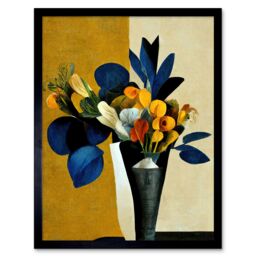 "Artery8 Wall Art Print Blue Mustard Ochre Orange Autumnal Abstract Bouquet Flowers Painting Art Framed in Black - Size: W12"" x H16""" - thumbnail 1