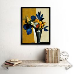 "Artery8 Wall Art Print Blue Mustard Ochre Orange Autumnal Abstract Bouquet Flowers Painting Art Framed in Black - Size: W12"" x H16""" - thumbnail 2