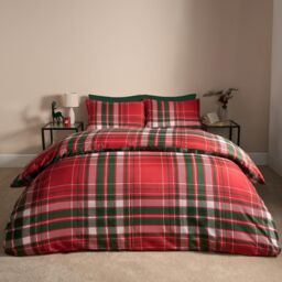OHS Christmas Check Duvet Cover Bedding Set Pillowcase Reversible Soft Tartan Quilt in Red - Size: Double