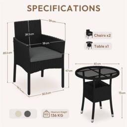 Kelvenix 3-Piece Rattan Furniture Set Black/Gray in Black - Size: 0.6m2 - thumbnail 2