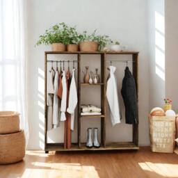 FURNOS Open Wardrobe Clothes Rail With Storage Shelves on Wheels Rustic in Brown - thumbnail 2