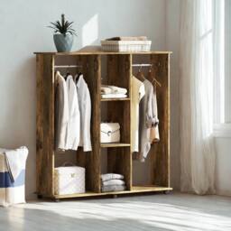 FURNOS Open Wardrobe Clothes Rail With Storage Shelves on Wheels Rustic in Brown
