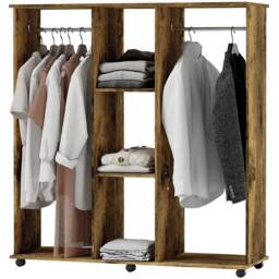 FURNOS Open Wardrobe Clothes Rail With Storage Shelves on Wheels Rustic in Brown - thumbnail 6