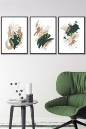 ARTZE Abstract Green Beige & Gold Oil Strokes Framed Wall Art - Medium in Black - Size: W45 cm x H62 cm x D20mm