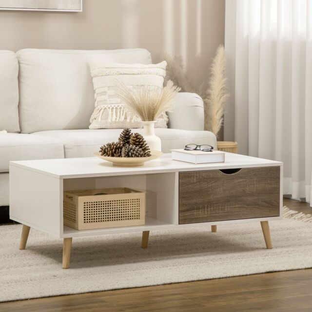 HOMCOM Modern Coffee Tables for Living Room w/ Storage Shelves, White - image 1
