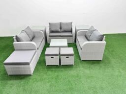 Fimous 9 Seater PE Wicker Rattan Furniture Sofa Sets with Square Coffee Table 2 Seater Love Sofa 3 Stool 2 Side Table Light Grey - thumbnail 2
