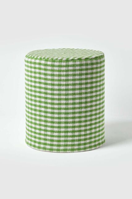 Homescapes Gingham Check Round Pouffe Cotton in Green - image 1