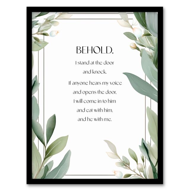 Artery8 Wall Art Print Behold Stand at Door & Knock Green Christian Bible Quote Framed Art - Size: A4 - image 1