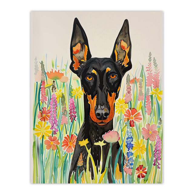 "Artery8 Doberman in Spring Meadow Vibrant Portrait Wall Art Print - Size: W12"" x H16""" - image 1