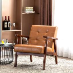 HomeMiYN Orange Vintage Faux Leather Armchair with Solid Wood Legs Compact in Burnt Orange - thumbnail 4