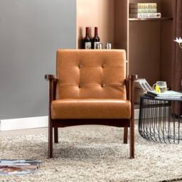HomeMiYN Orange Vintage Faux Leather Armchair with Solid Wood Legs Compact in Burnt Orange - thumbnail 3