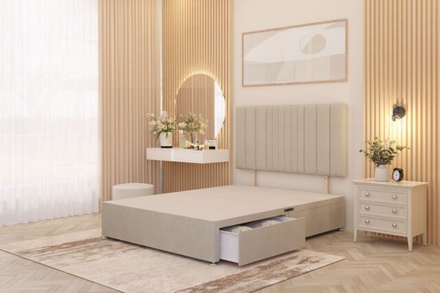 Somnior Alexas 2 Draw Divan Bed Base with Headboard Tweed Fabric in Natural - Size: Small Single - image 1